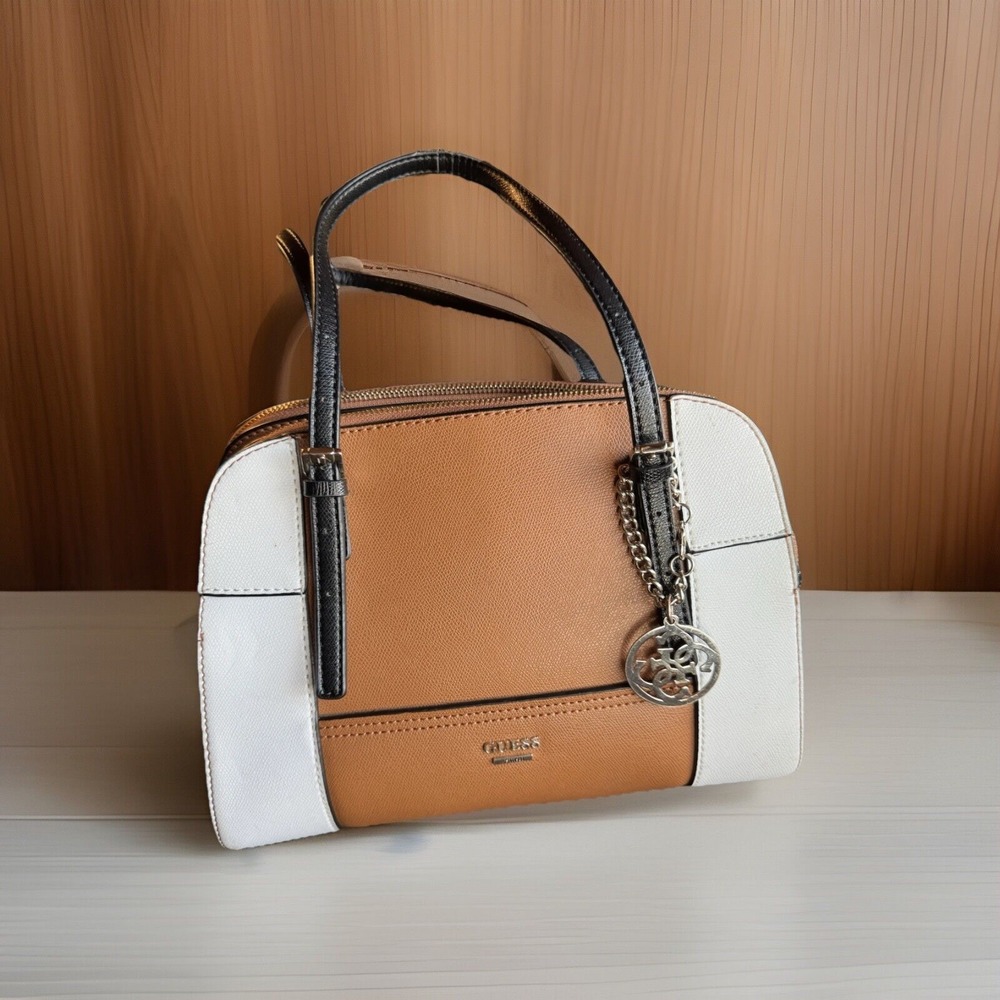 Guess Huntley Handbag Brown/White Colorblock With LA Guess Logo Lining 2010s